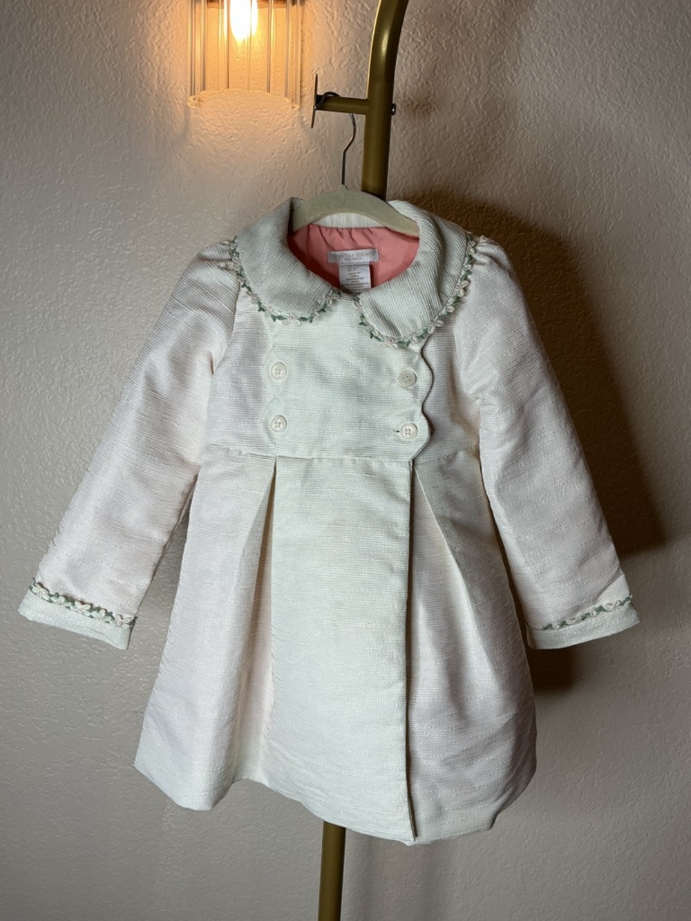 Christian Siriano Ivory Girls' Double-Breasted Pea Coat with Green Trim